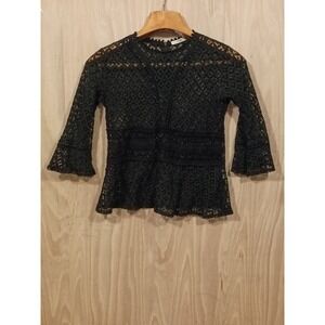 Hazel Women's Size XSP Lace Top Peplum Bell Sleeve Victorian Black Sheer Blouse.